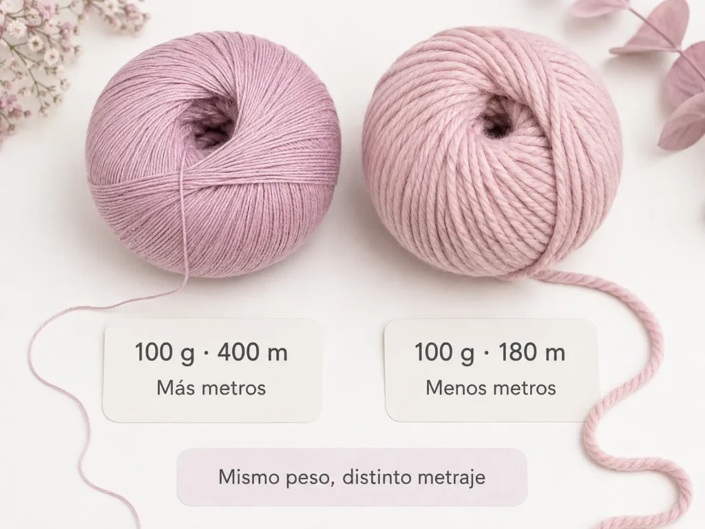 Dos ovillos rosas de 100 gramos comparados lado a lado: uno fino con 400 metros y otro más grueso con 180 metros, para mostrar que el mismo peso no implica el mismo metraje.