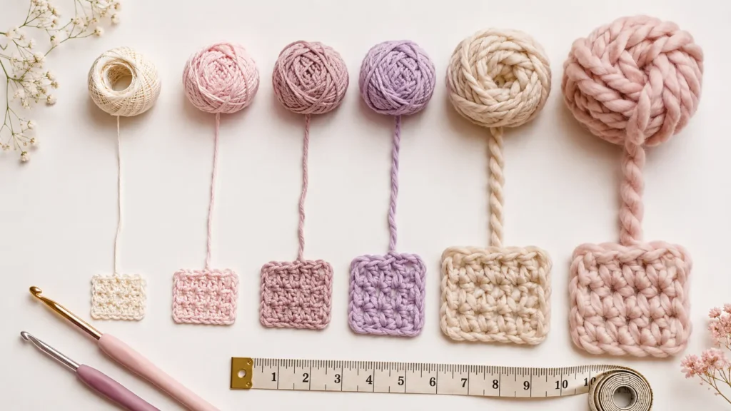 Muestras de crochet tejidas con hilos de distintos grosores, colocadas de más fino a más grueso junto a ganchillos y una cinta métrica. Grosor de la lana o hilo