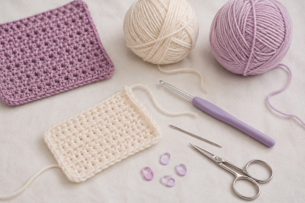 Materiales de crochet preparados sobre una superficie clara en una escena de aprendizaje artesanal.