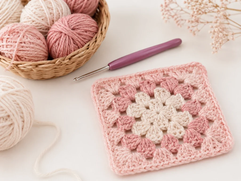 Materiales de crochet sobre una mesa clara ideales para comenzar el curso básico.